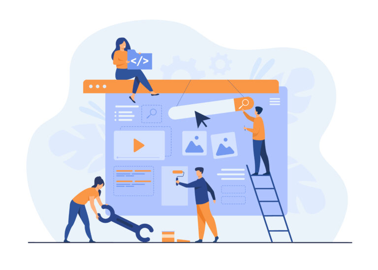 Web design team constructing landing or home page. Tiny people painting units on webpage. Vector illustration for website designers, content managers, internet promotion concept