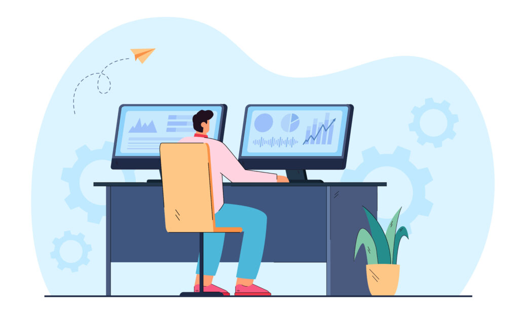 Flat vector illustration of stock trader working on computer with graphs. Man investor using PC analyzing charts diagrams on exchange market. Finances, cryptocurrency, investing.